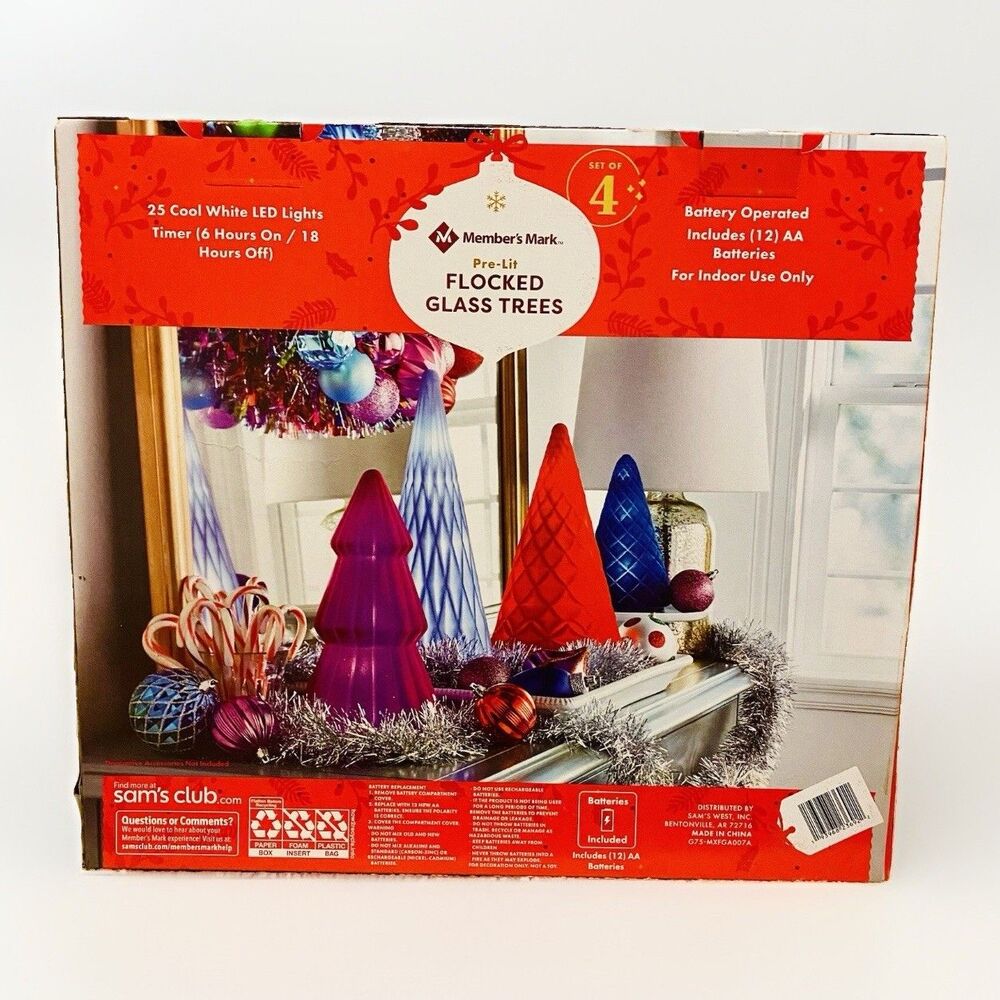Member’s Mark Pre-Lit Flocked Glass Christmas Trees 4 Pc Set Holiday Decor